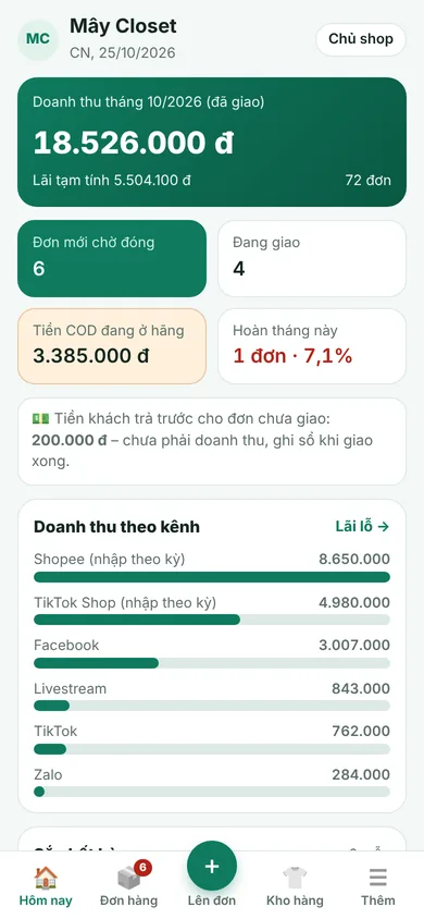 Màn Hôm nay của chủ shop trên điện thoại