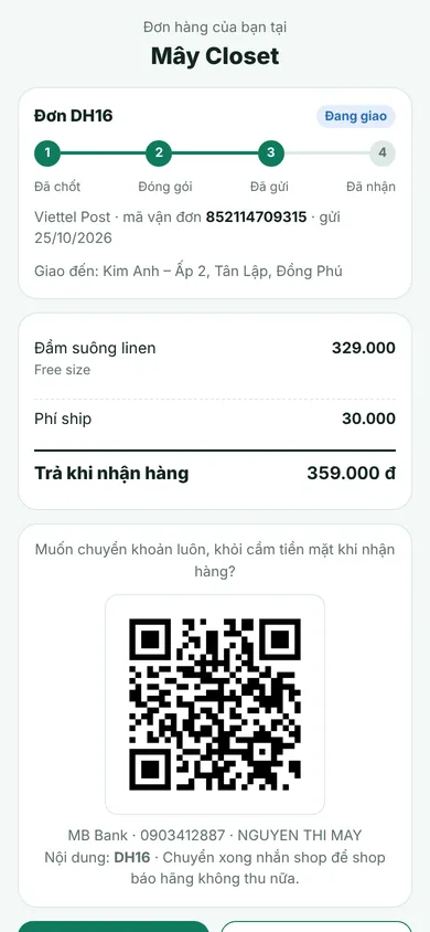 Trang tra đơn của khách mua: bước giao hàng, mã QR chuyển khoản