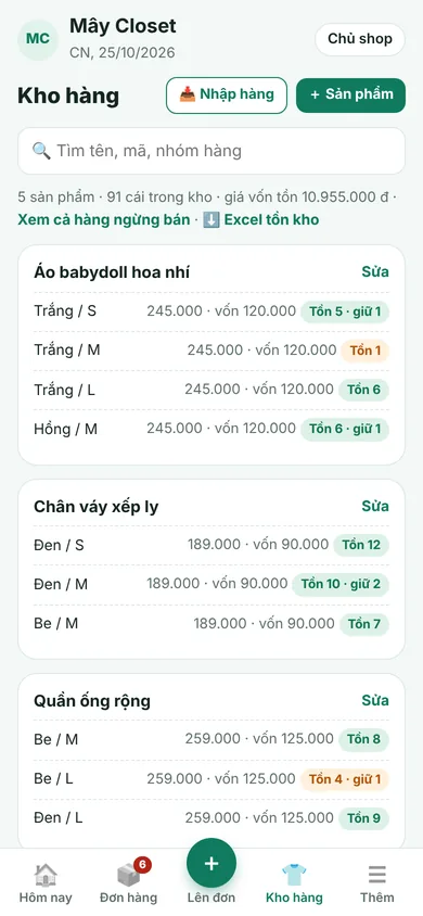 Kho hàng theo mẫu, tồn kho, đang giữ cho đơn