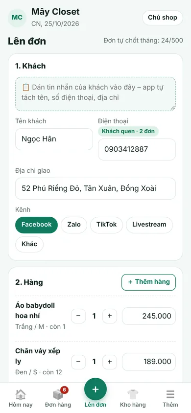 Màn lên đơn: dán tin nhắn, chọn hàng, tính tiền thu hộ