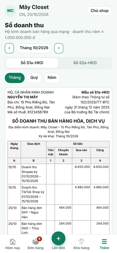 Sổ doanh thu có cột qua sàn thương mại điện tử