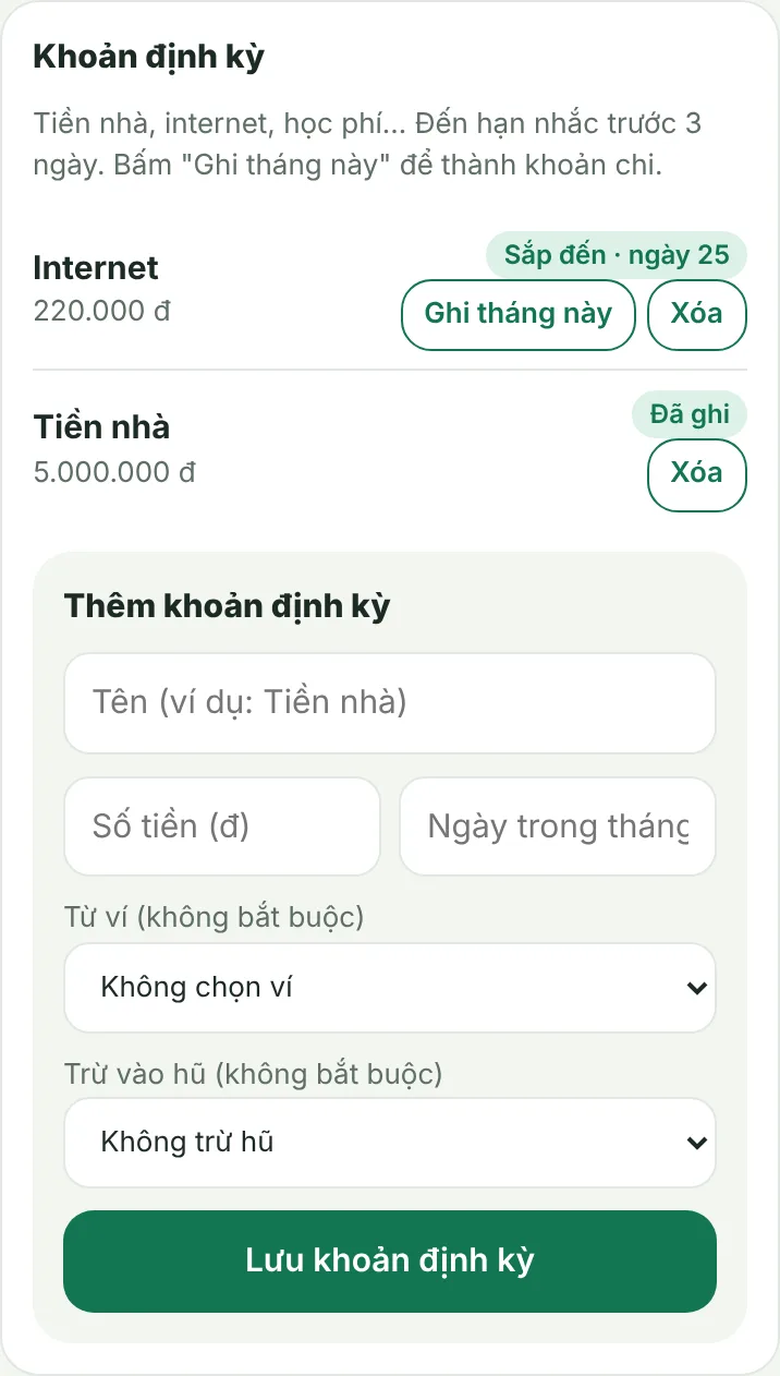 Khoản định kỳ có nhắc và ghi tháng này