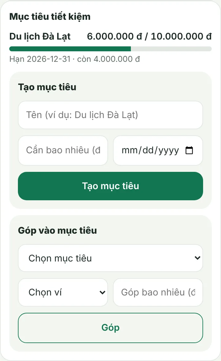 Mục tiêu tiết kiệm với tiến độ