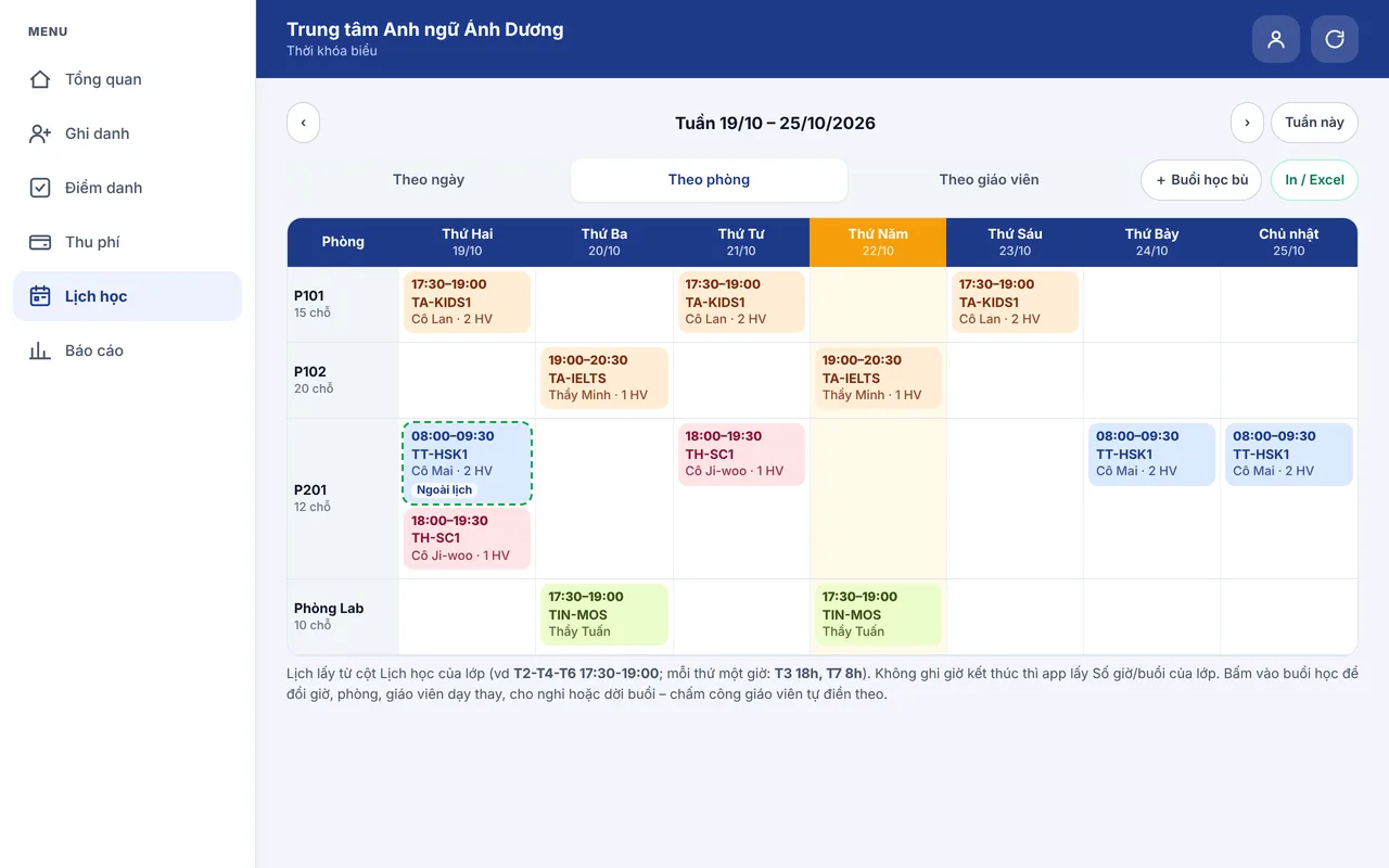 Thời khóa biểu tuần theo phòng học