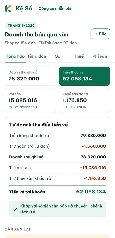 Màn hình đối soát doanh thu sàn trên điện thoại