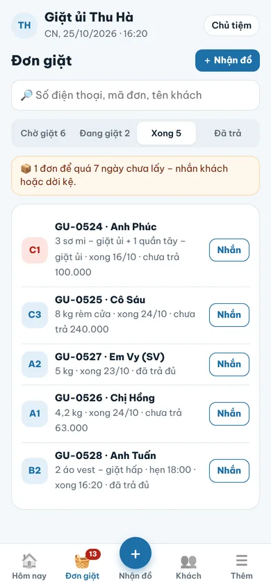 Danh sách đơn đã xong, gắn kệ