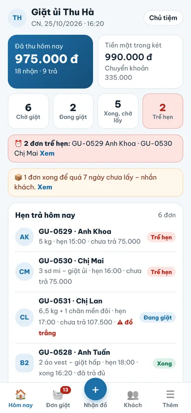 Màn Hôm nay của chủ tiệm giặt trên điện thoại