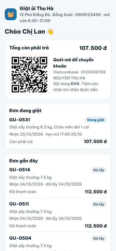 Trang của khách: đơn giặt, số tiền, mã QR