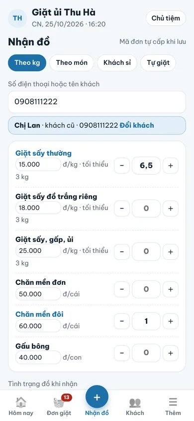 Màn nhận đồ: số kg, tình trạng đồ, hẹn trả