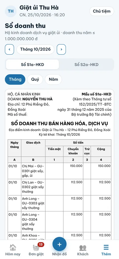 Sổ doanh thu tự ghi khi thu tiền
