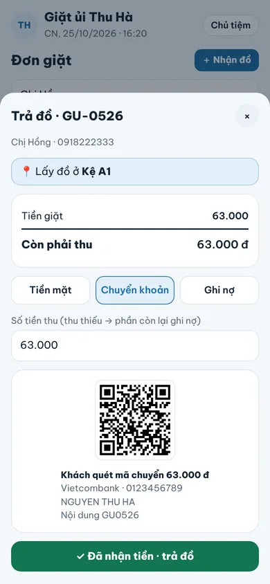Màn trả đồ, thu tiền có mã QR