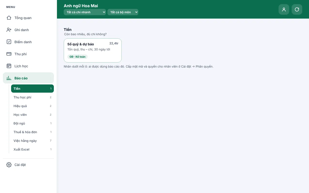 Menu báo cáo