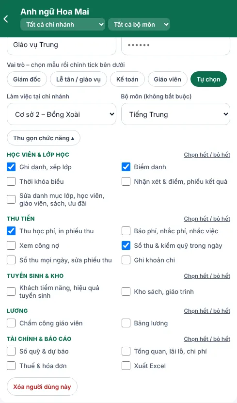 Phân quyền từng chức năng