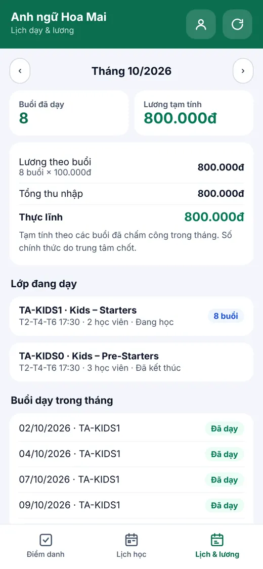 Lịch dạy và lương tạm tính