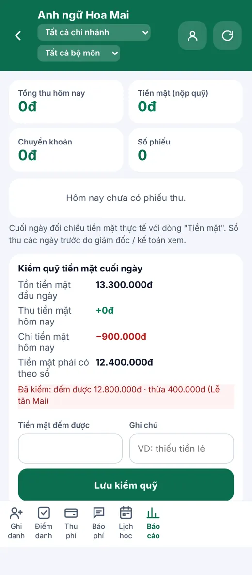 Sổ thu và kiểm quỹ cuối ngày