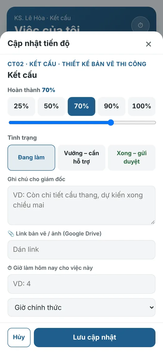 Cập nhật tiến độ
