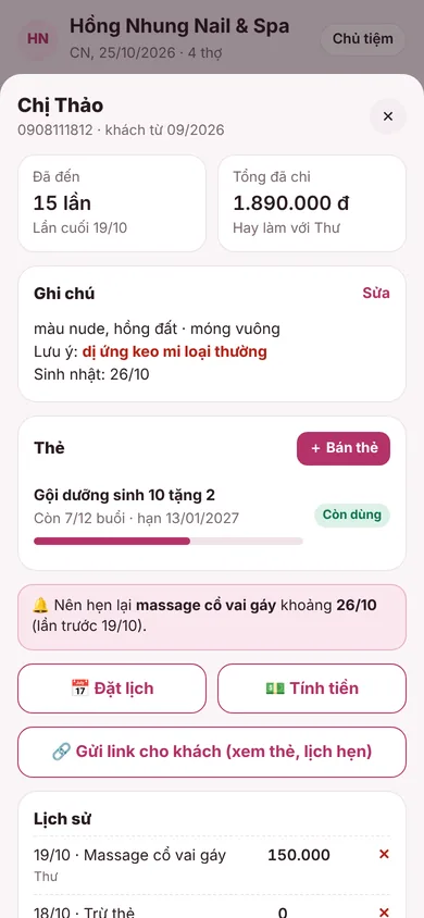 Hồ sơ khách: ghi chú, thẻ, nên hẹn lại