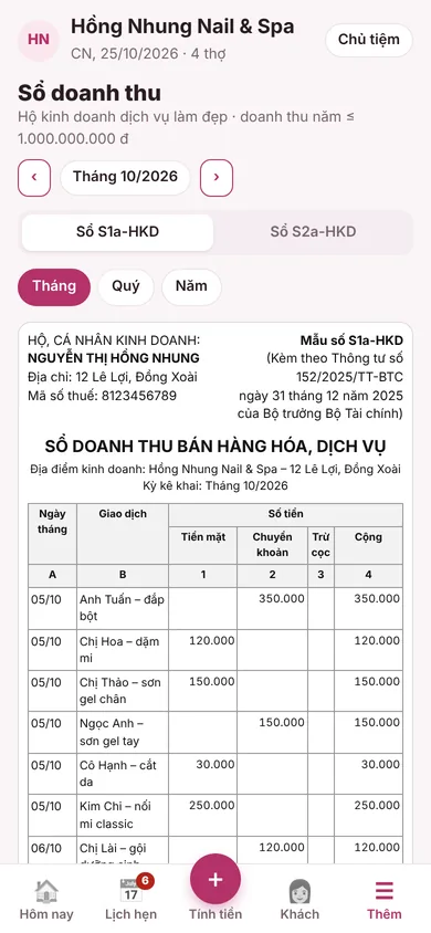 Sổ doanh thu tự ghi khi thu tiền