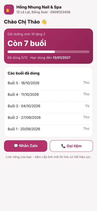 Trang của khách: thẻ còn 6 buổi, các buổi đã dùng