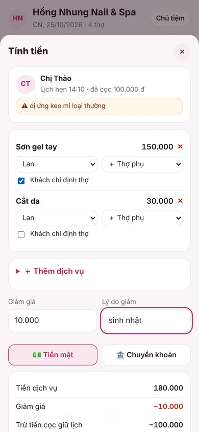 Màn tính tiền: dịch vụ, thợ, giảm giá, trừ cọc