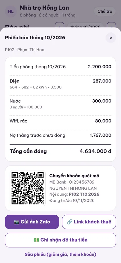 Phiếu báo tiền phòng có mã QR