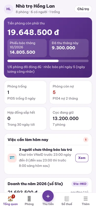 Màn Tổng quan của chủ trọ trên điện thoại