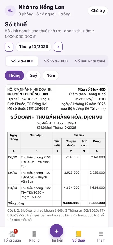 Sổ doanh thu tự ghi khi thu tiền