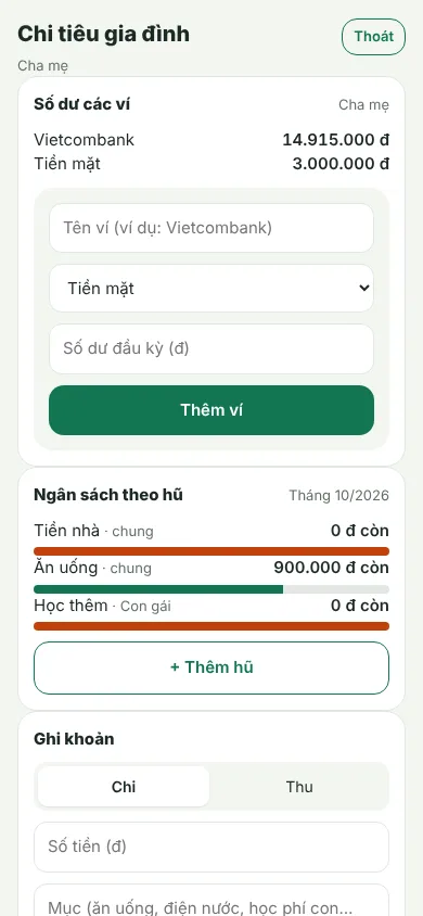 Màn hình Chi tiêu gia đình trên điện thoại