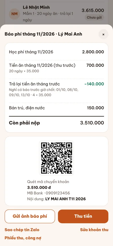 Báo phí có trả lại tiền ăn ngày nghỉ và mã QR