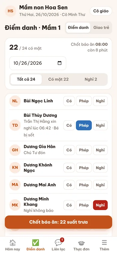 Màn điểm danh và chốt báo ăn của cô giáo