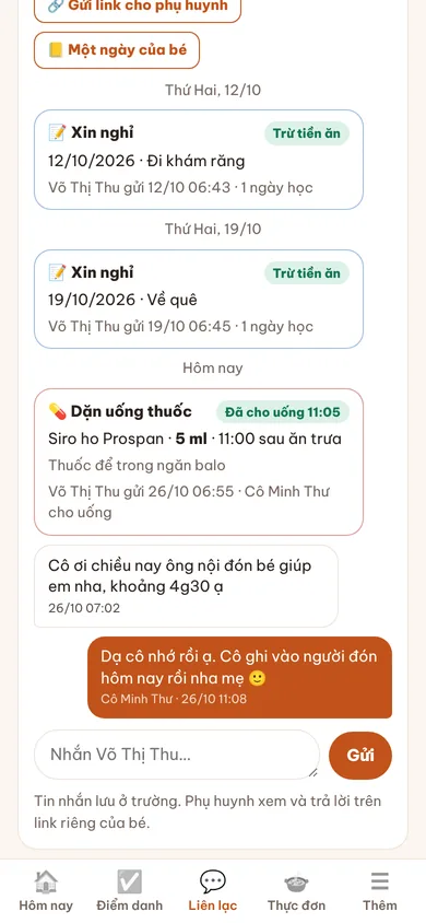Sổ liên lạc: dặn thuốc, một ngày của bé, tin nhắn
