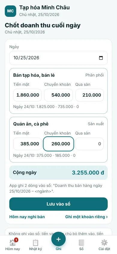 Màn chốt doanh thu cuối ngày theo từng ngành