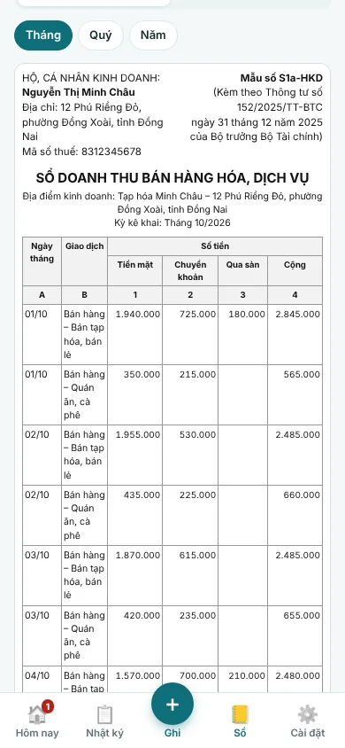 Sổ doanh thu mẫu S1a-HKD trên điện thoại