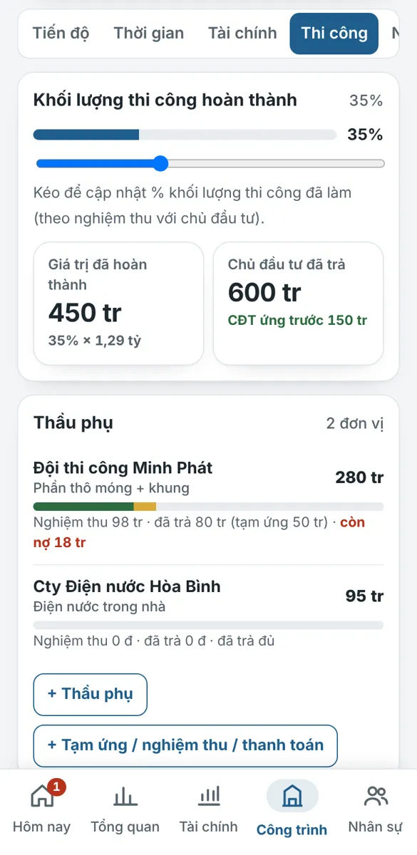 Thi công: thầu phụ, vật tư