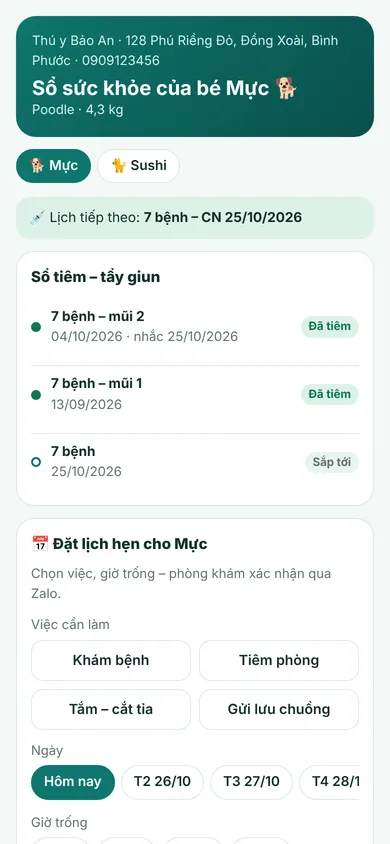 Trang của chủ nuôi: sổ tiêm, thuốc đang dùng
