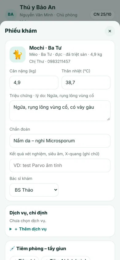 Phiếu khám: dịch vụ, tiêm, đơn thuốc theo cân nặng